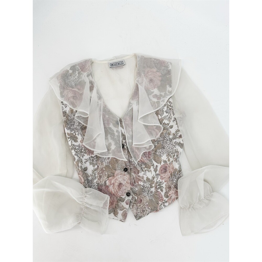 90’s Vintage Mirrors Jacquard Floral Ruffle Blouse Poetcore Whimsigoth Ivory
